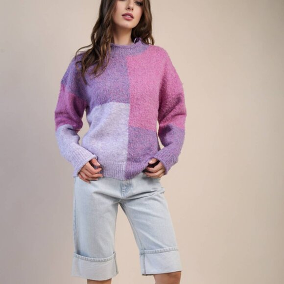 Very J ECO Oversized Purple Color Block Cozy Knit Sweater Top - Picture 4 of 7